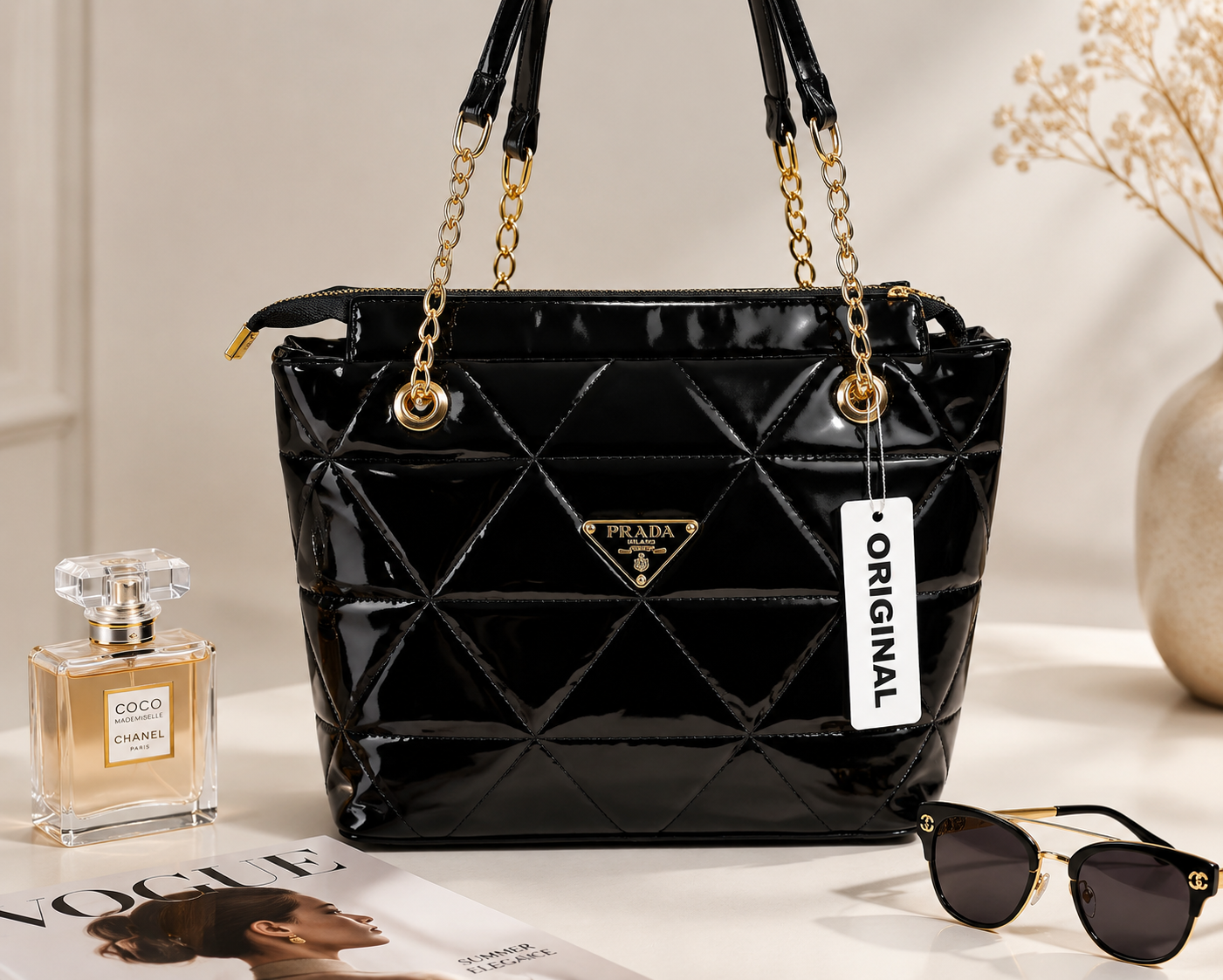 کیف دستی و دوشی زنانه ورنی مشکی طرح پرادا (Prada) - مدل Triangle Quilted